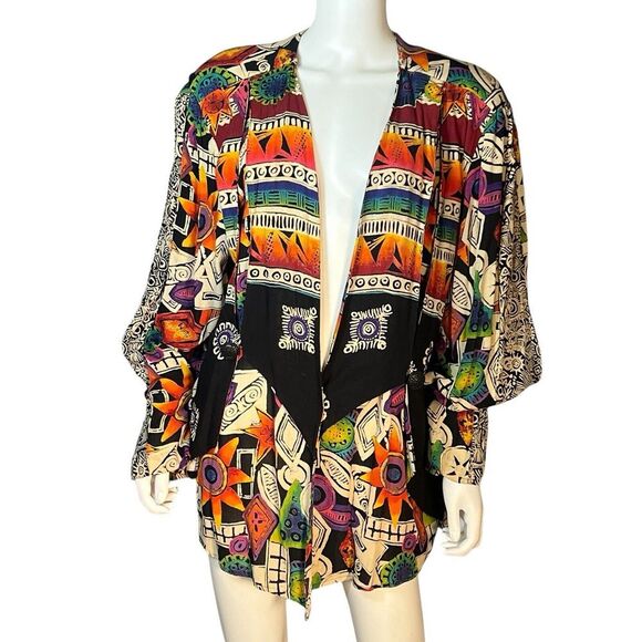 Sweaters - vtg Laura Kieffer‎ Susan Burrowes Artsy Women's 14 Rayon Open Front Cardigan